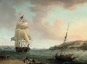 Thomas Whitcombe A crowded flagship of an Admiral of the Blue passing Mount Edgcumbe as she closes into port at Plymouth oil on canvas